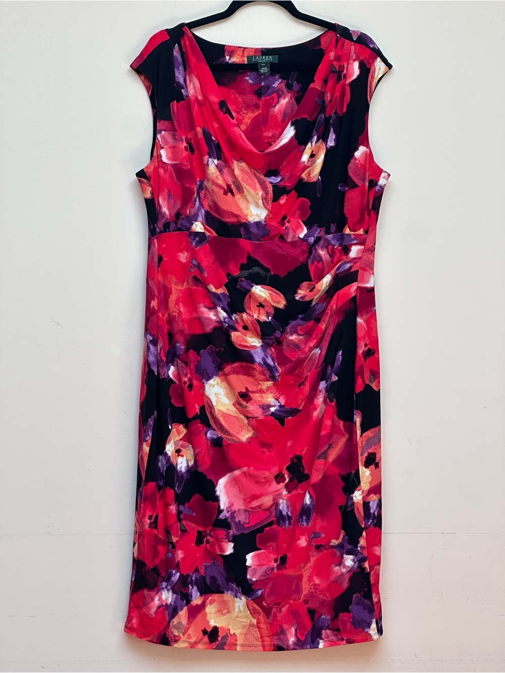 Lauren Ralph Lauren Floral Sheath Dress Pink Purple Black Cowl Neck Size 16W